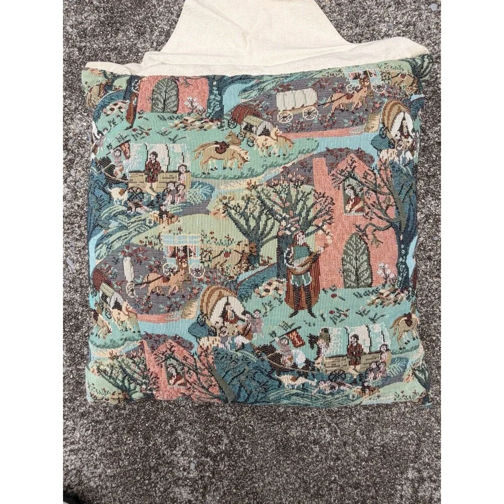 VTG Woven Tapestry Throw Pillow Americana Pioneer Covered Wagon SU